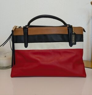 Coach Borough Bag Red Tan White Multi Stripe leather Satchel